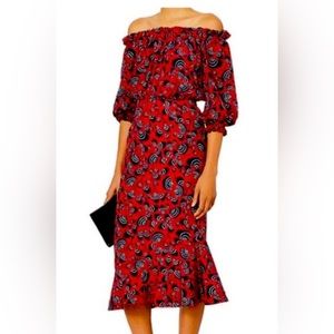 Saloni Grace Navy Printed Red Off the Shoulder Dress